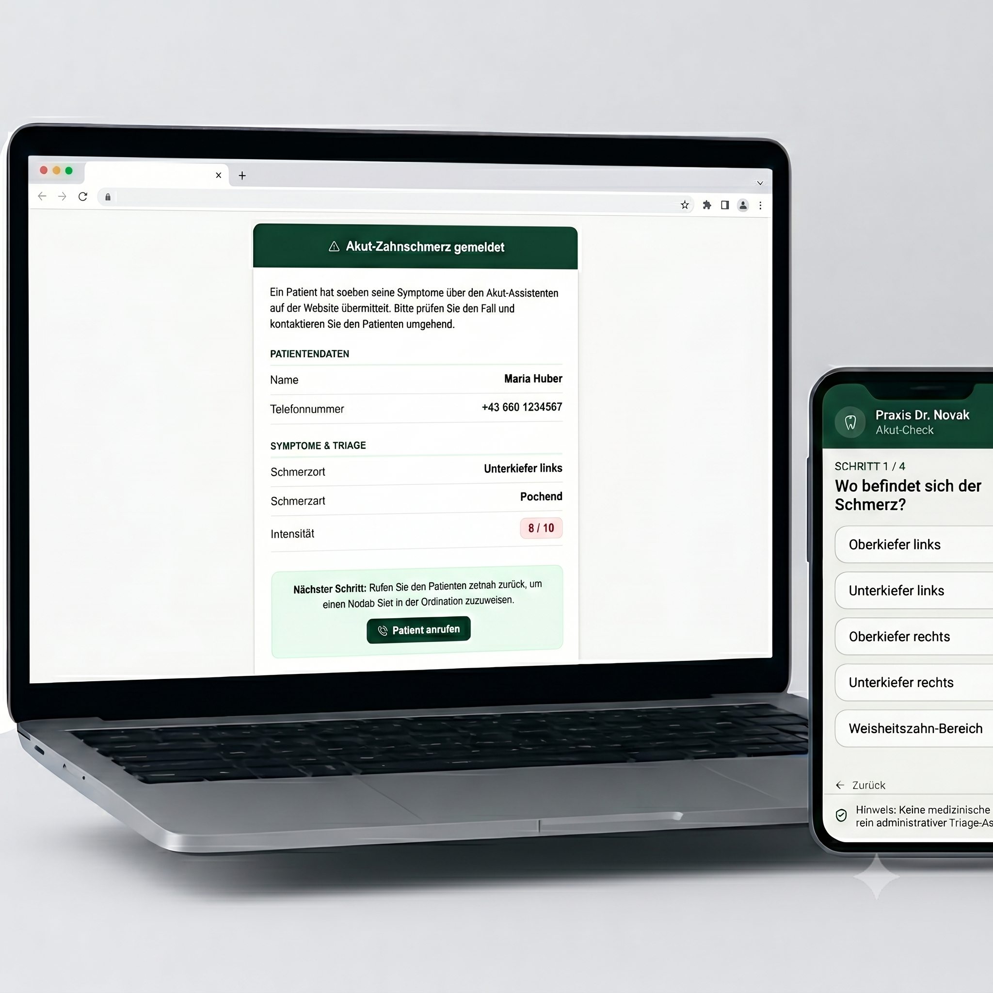 Vorschau des automatisierten Rückruf-Widgets mit Patienten-Triage und E-Mail-Report